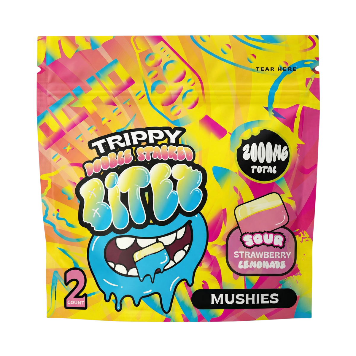 Trippy BITEZ Double-Stacked Mushies Gummies - Sour Strawberry Lemonade Ocho Extracts Trippy BITEZ Double-Stacked Mushies Gummies - Sour Strawberry Lemonade Ocho Extracts