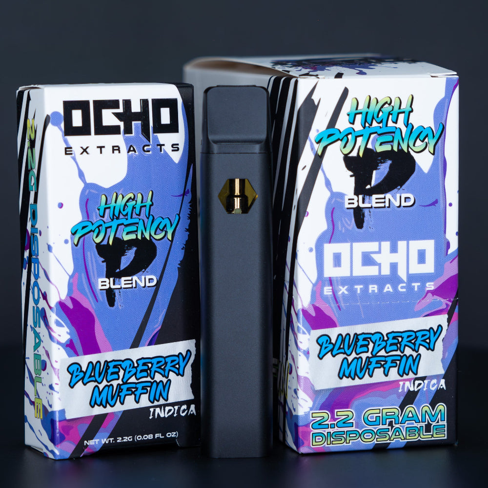 OCHO Extracts Blueberry Muffin Indica THCP + Delta-8 vape pen packaging on a dark background