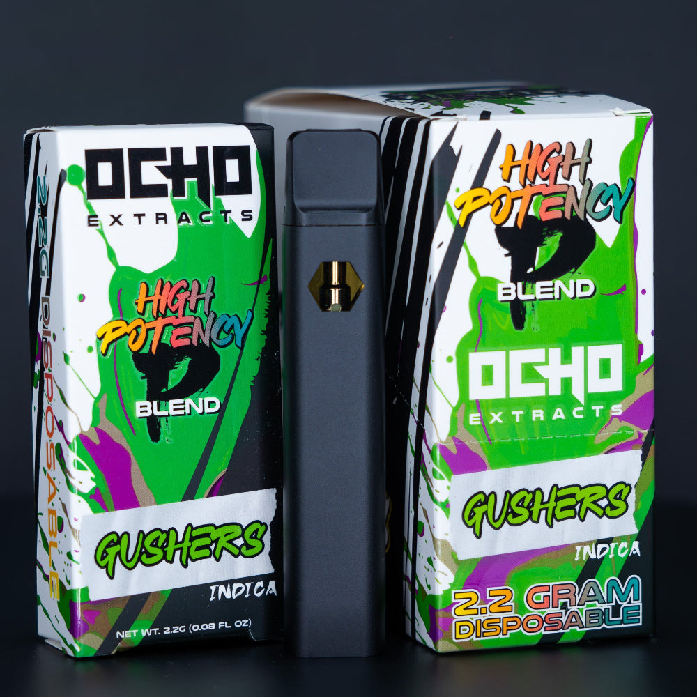 OCHO Extracts high potency gushers THCP + Delta-8 vape pen packaging on a dark background