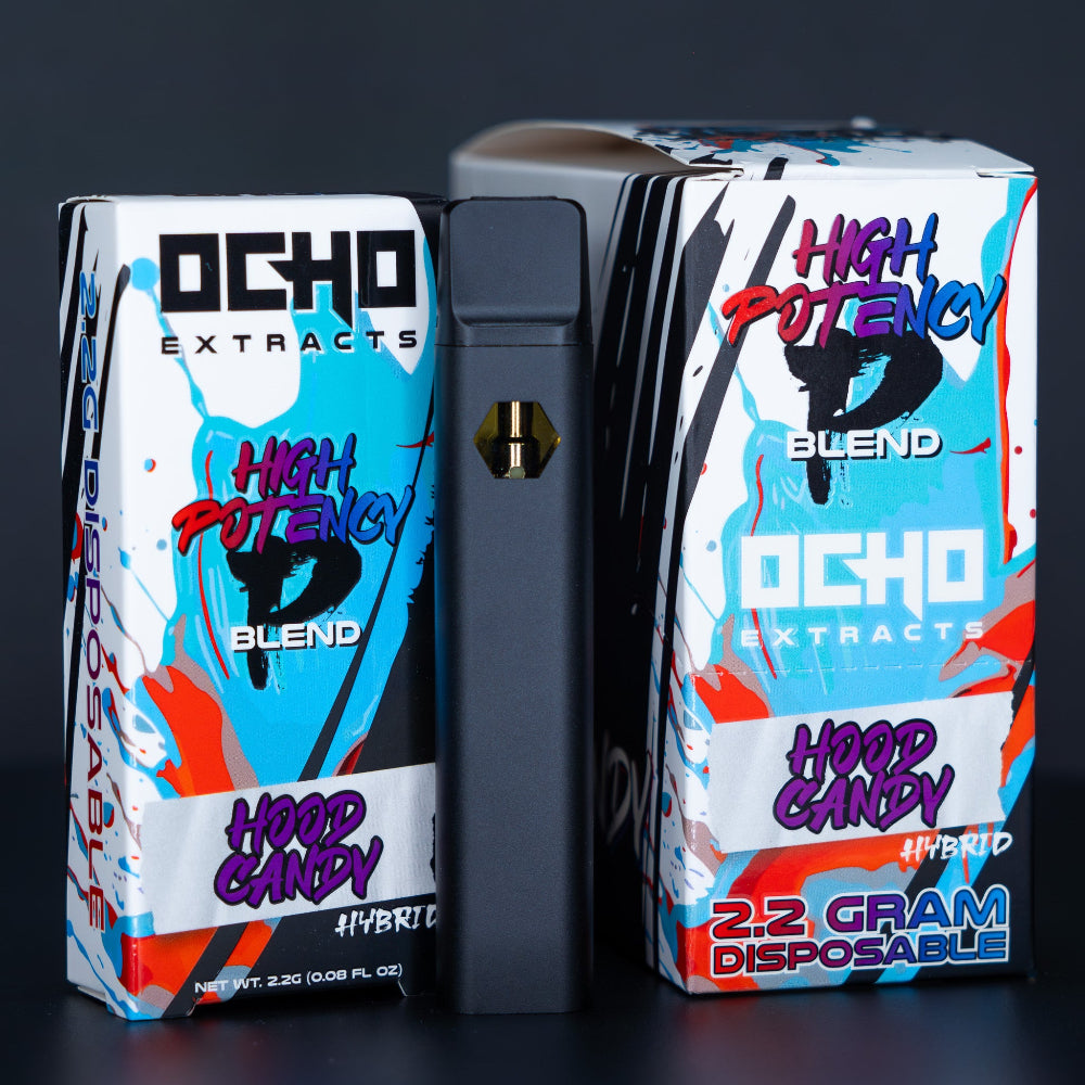 Ocho Extracts High Potency THCP + Delta-8 Blend vape device and packaging on a dark background