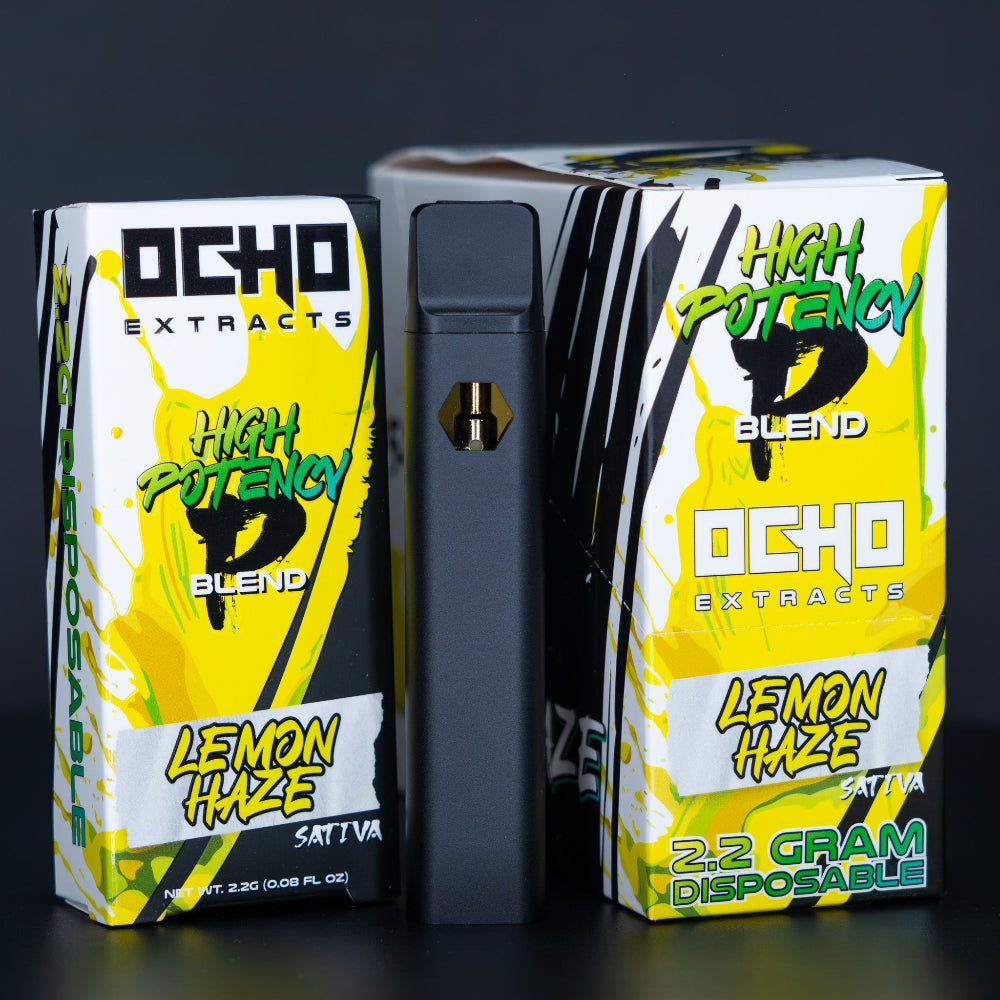 Ocho Extracts Lemon Haze THCP + Delta-8 vape pen packaging with a black background