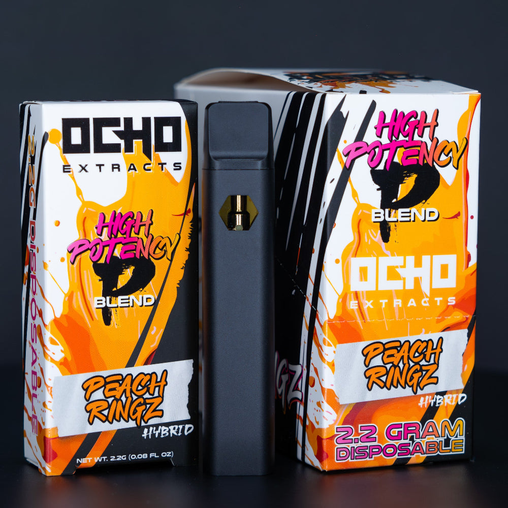 Ocho Extracts Peach Ringz hybrid THCP + Delta-8 vape pen packaging on a dark background