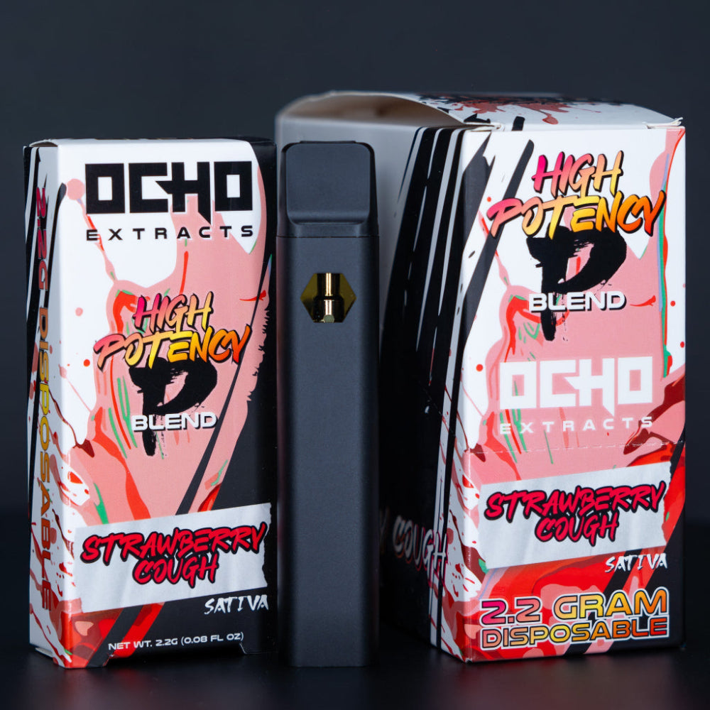 OCHO Extracts strawberry cough THCP + Delta-8 vape pen packaging with a black background