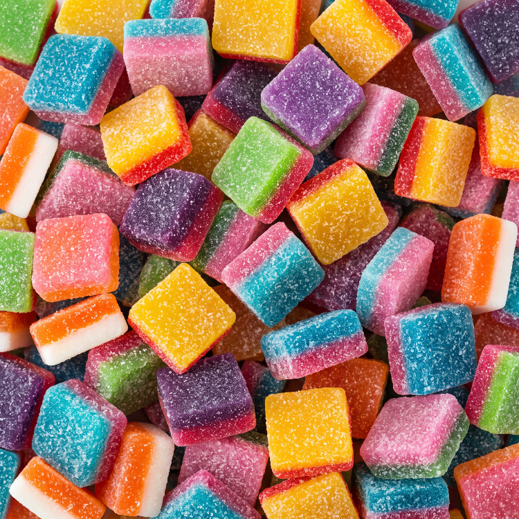 A close-up, top-down view of colorful square gummy candies piled together. The candies come in multiple bright colors including pink, orange, yellow, blue, green, purple, and white, with a sugar-coated texture.