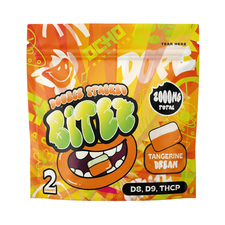 Colorful packaging of 'Biteee' with cartoon character and text on a white background