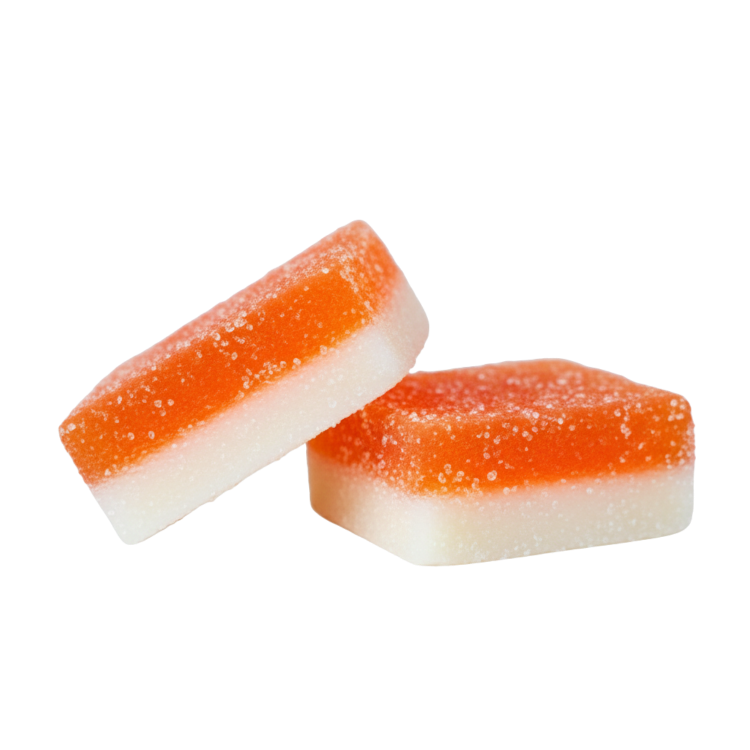 Two orange and white Bitez gummies on a white background