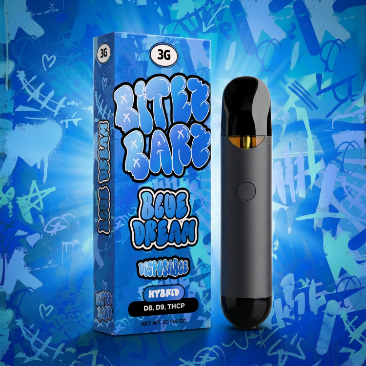 A disposable vape device in dark gray and black stands next to its blue packaging box, which features graffiti-style lettering reading 'Bitter Lake' and 'Blue Dream'. The background is a blue graffiti-patterned graphic.