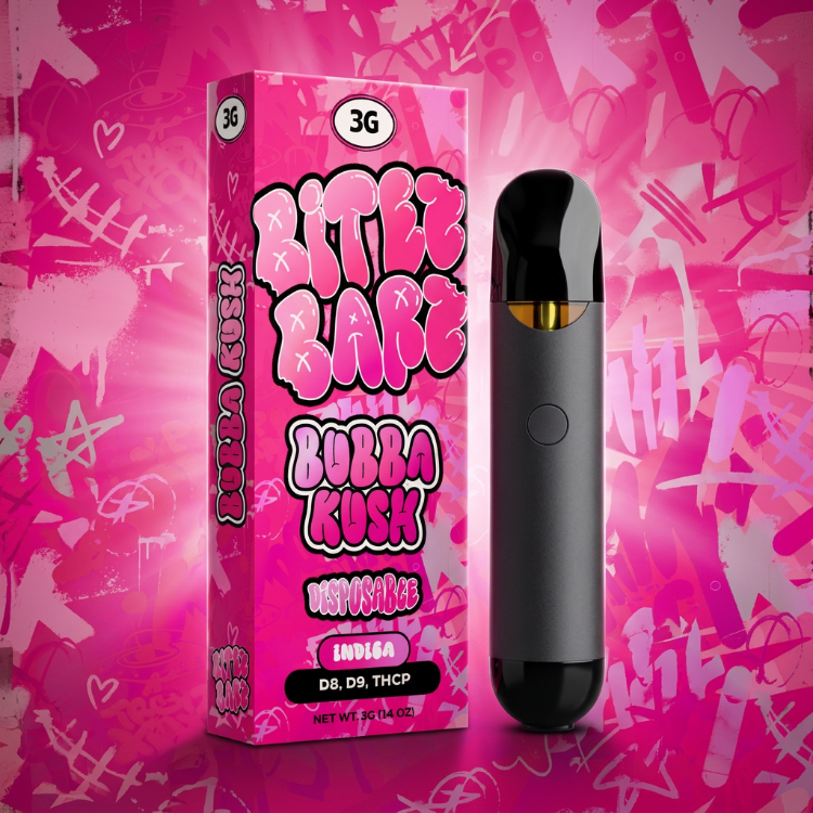 A disposable vape device and its retail box for 'Bitez Labz Bubble Kush' are shown against a vibrant pink graffiti-patterned background. The box is pink with bold graffiti-style lettering, and the vape device itself is dark gray/black with a gold accent band.