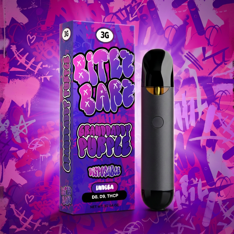 A disposable vape device in matte black with a gold mouthpiece stands next to its retail box. The packaging features vibrant graffiti-style text reading 'KITEE BARZ' and 'GRANDPA PURPLE' in purple and pink, with '3G' and 'DISPOSABLE' also visible.