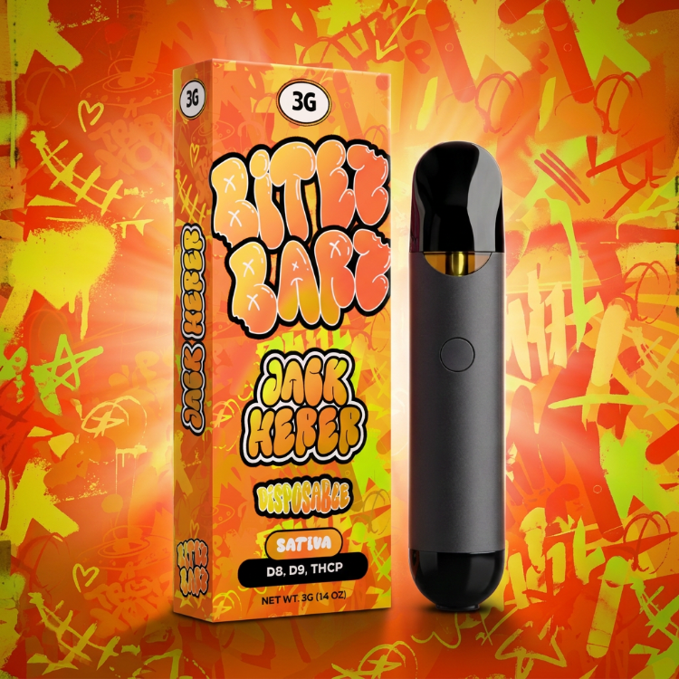 A black disposable vape device stands next to its retail box. The packaging features a vibrant orange, yellow, and red graffiti-style design with the brand name 'RITTEZ RAZZ' and flavor name 'JACK KEREB' (Sativa).
