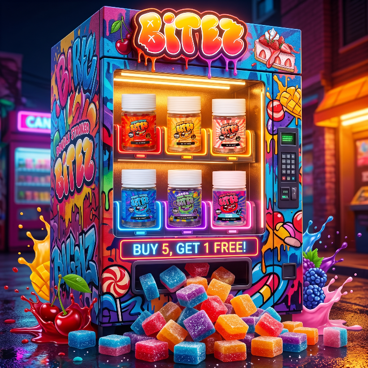A brightly colored novelty candy vending machine labeled 'BITEZ' stands on a city street at night. The machine is covered in graffiti-style graphics and displays jars of colorful gummy candies inside, with loose multicolored candy cubes spilling out in front.