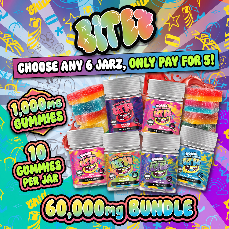 Promotional graphic for a Sour Kitty gummy bundle, showing six jars of colorful gummies with large text overlays reading 'BITEZ', 'CHOOSE ANY 6 JARZ, ONLY PAY FOR 5!', '1,000MG GUMMIES', '10 GUMMIES PER JAR', and '60,000MG BUNDLE'.