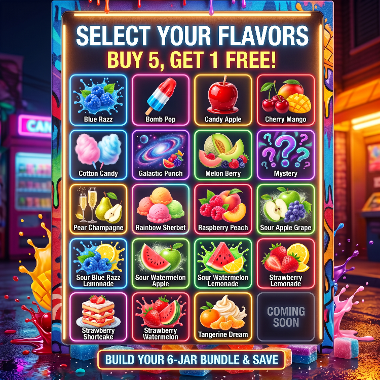 A promotional graphic for a 6-jar spice bundle with a neon-lit grid showing flavor options such as Blue Razz, Bomb Pop, Candy Apple, Cherry Mango, Cotton Candy, Galactic Punch, Melon Berry, Mystery, Pear Champagne, Rainbow Sherbet, Raspberry Peach, Sour Apple Grape, Sour Blue Razz Lemonade, Sour Watermelon Apple, Sour Watermelon Lemonade, Strawberry Lemonade, Strawberry Shortcake, Strawberry Watermelon, Tangerine Dream, and Coming Soon.