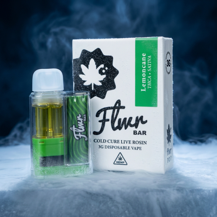 A Flwr Bar disposable vape device with green and clear sections next to its white packaging box, which features a green 'Lemoncane Ice + Rosin' flavor label, set against a smoky blue background.