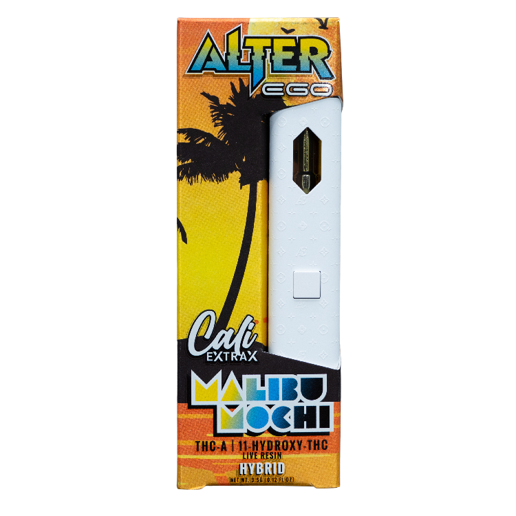Packaging of a cannabis product with 'Alter Ego' branding and palm tree design.