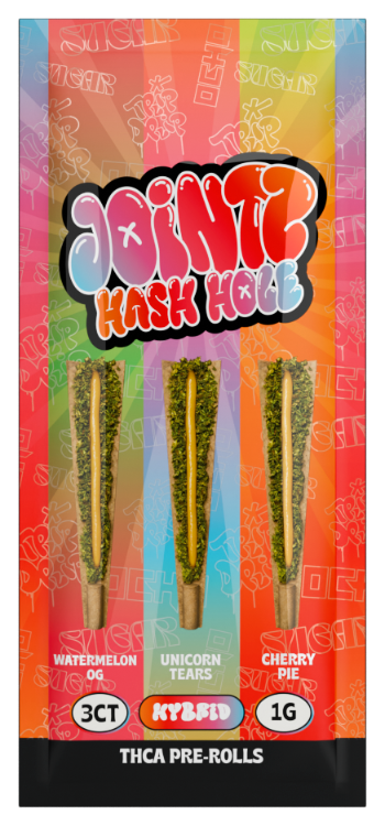 Packaging of Jointz Hash Hole pre-rolls with colorful design and product details.