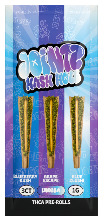 Packaging of Jointz Hash Hoos with three types of pre-rolls on a blue and purple background.