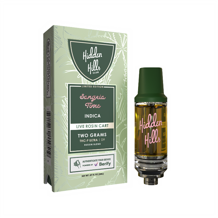 Hidden Hills Smoke Scorpion Time Indica two gram live rosin cart packaging box next to the clear glass cart with a dark green mouthpiece and pink lettering, on a white background.