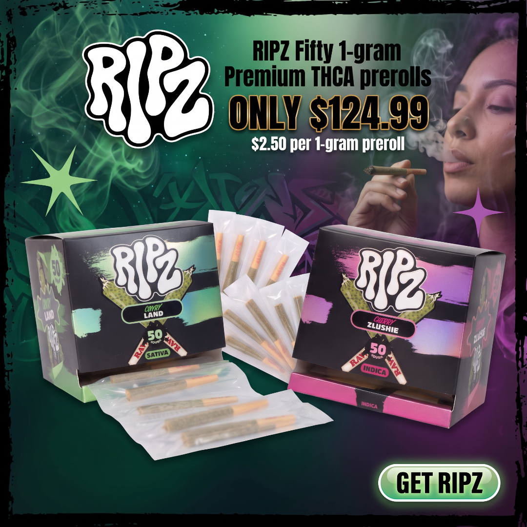 Promotional product graphic for RIPZ Fifty 1-gram premium THCA prerolls. Two black product boxes labeled RIPZ are shown in front of a dark green smoky background, with several clear packets of rolled herbs and one loose roll displayed.