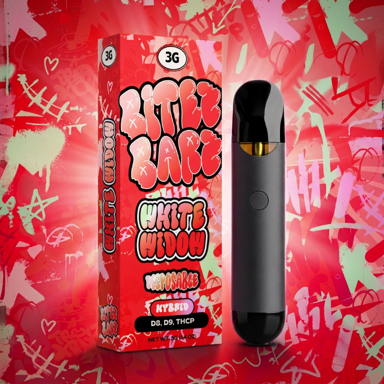 A vape device and its retail box from 'Little Bitch' in the 'White Widow' strain, displayed against a red graffiti-patterned background.
